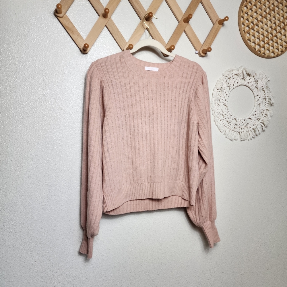 See By Chloe Blush Ribbed Crewneck Sweater with Balloon Sleeves
